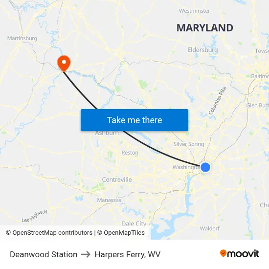 Deanwood Station to Harpers Ferry, WV map