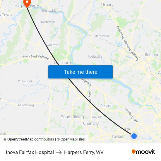 Inova Fairfax Hospital to Harpers Ferry, WV map