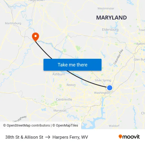 38th St & Allison St to Harpers Ferry, WV map