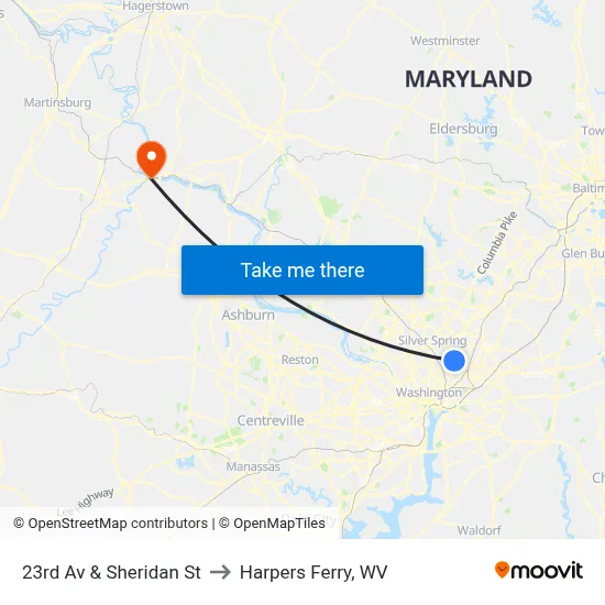 23rd Av & Sheridan St to Harpers Ferry, WV map