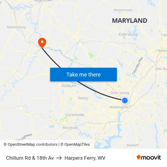 Chillum Rd & 18th Av to Harpers Ferry, WV map
