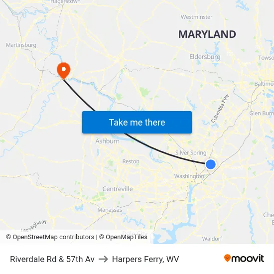 Riverdale Rd & 57th Av to Harpers Ferry, WV map