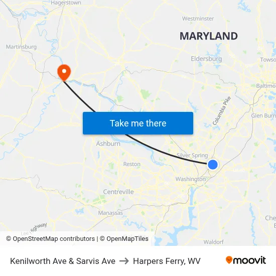 Kenilworth Ave & Sarvis Ave to Harpers Ferry, WV map