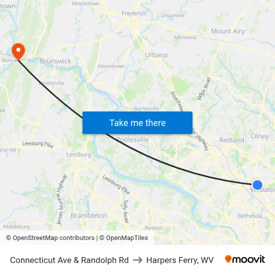 Connecticut Ave & Randolph Rd to Harpers Ferry, WV map