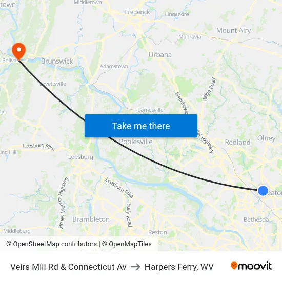 Veirs Mill Rd & Connecticut Av to Harpers Ferry, WV map