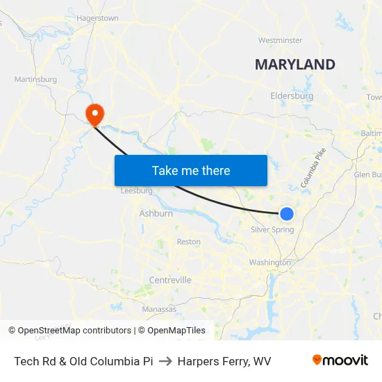 Tech Rd & Old Columbia Pi to Harpers Ferry, WV map
