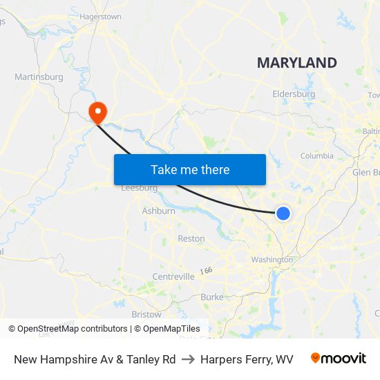 New Hampshire Av & Tanley Rd to Harpers Ferry, WV map