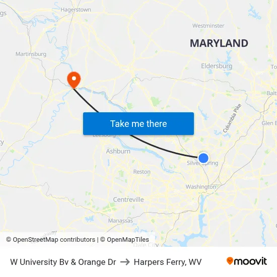 W University Bv & Orange Dr to Harpers Ferry, WV map