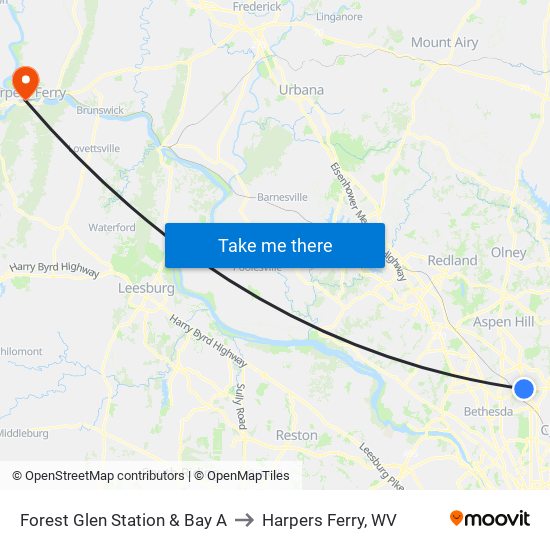 Forest Glen Station & Bay A to Harpers Ferry, WV map