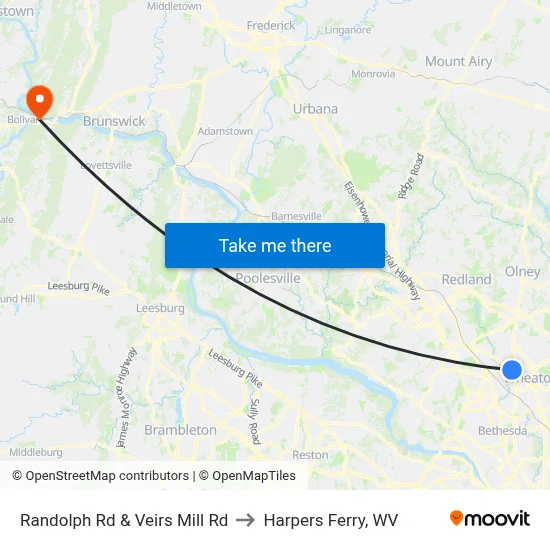 Randolph Rd & Veirs Mill Rd to Harpers Ferry, WV map