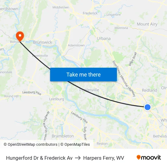 Hungerford Dr & Frederick Av to Harpers Ferry, WV map