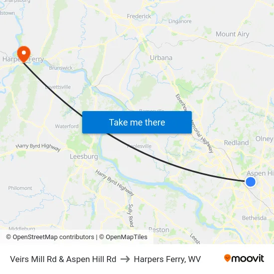 Veirs Mill Rd & Aspen Hill Rd to Harpers Ferry, WV map