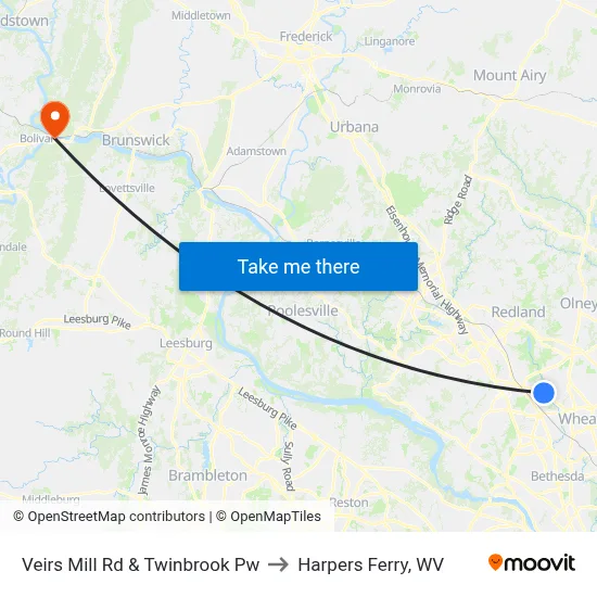 Veirs Mill Rd & Twinbrook Pw to Harpers Ferry, WV map