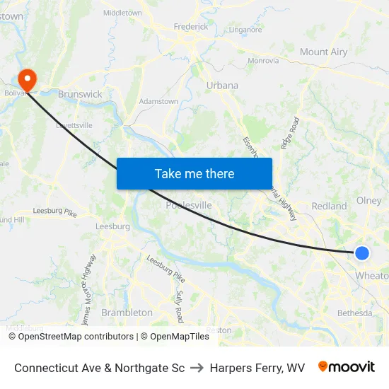 Connecticut Ave & Northgate Sc to Harpers Ferry, WV map