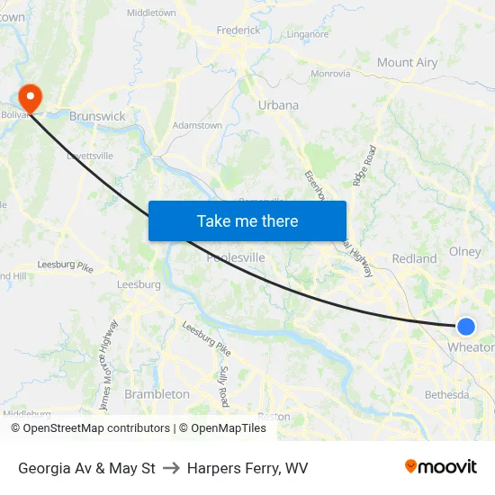 Georgia Av & May St to Harpers Ferry, WV map