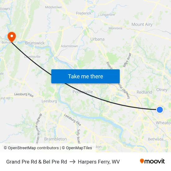 Grand Pre Rd & Bel Pre Rd to Harpers Ferry, WV map