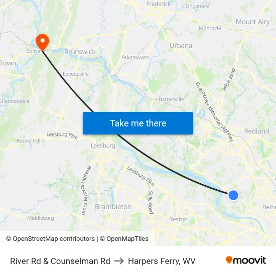 River Rd & Counselman Rd to Harpers Ferry, WV map