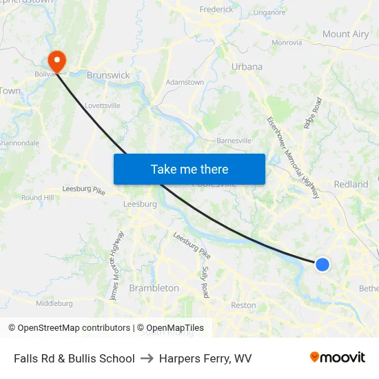 Falls Rd & Bullis School to Harpers Ferry, WV map