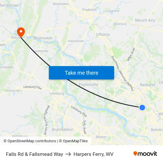 Falls Rd & Fallsmead Way to Harpers Ferry, WV map