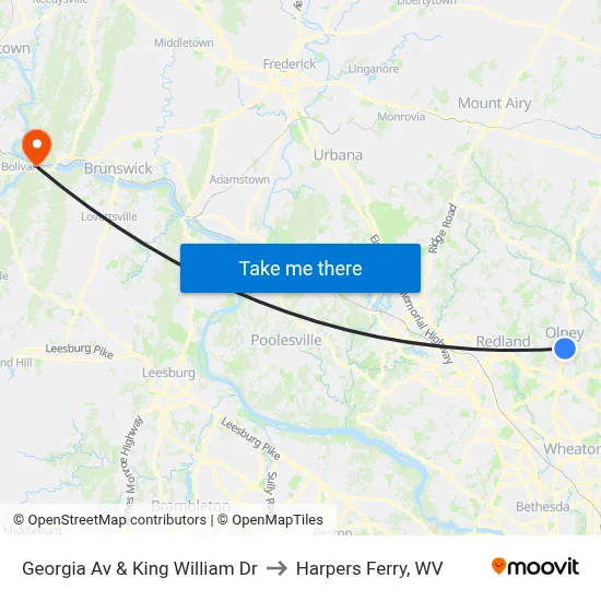 Georgia Av & King William Dr to Harpers Ferry, WV map