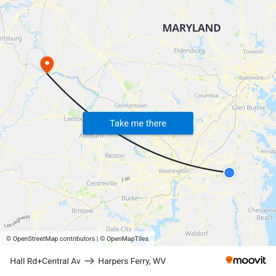 Hall Rd+Central Av to Harpers Ferry, WV map