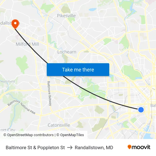Baltimore St & Poppleton St to Randallstown, MD map