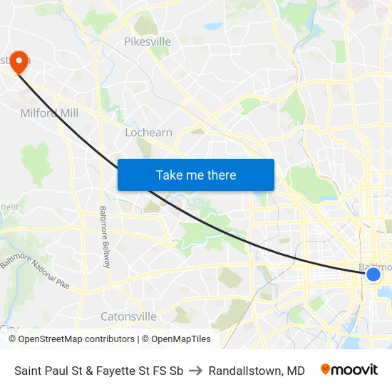Saint Paul St & Fayette St FS Sb to Randallstown, MD map