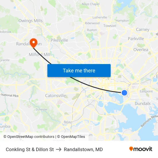 Conkling St & Dillon St to Randallstown, MD map