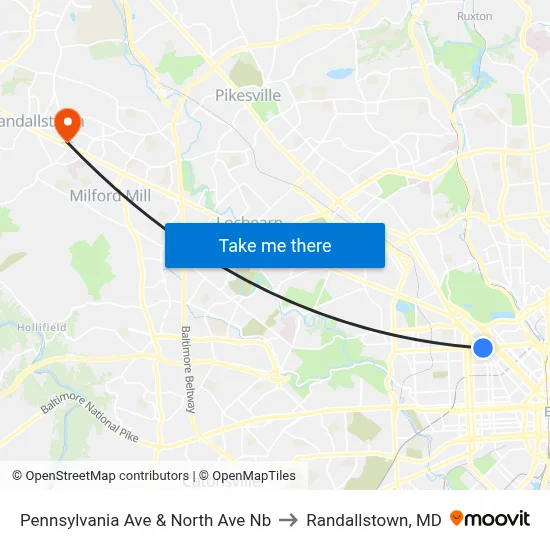 Pennsylvania Ave & North Ave Nb to Randallstown, MD map