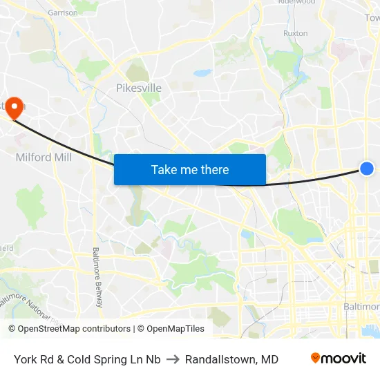 York Rd & Cold Spring Ln Nb to Randallstown, MD map