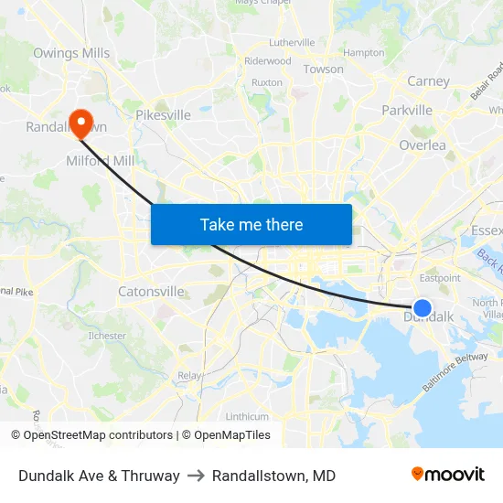 Dundalk Ave & Thruway to Randallstown, MD map