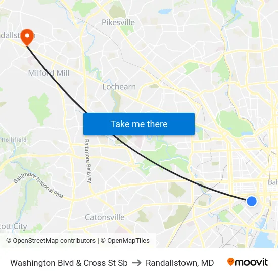 Washington Blvd & Cross St Sb to Randallstown, MD map