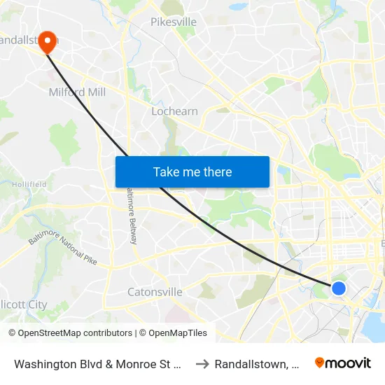 Washington Blvd & Monroe St Wb to Randallstown, MD map