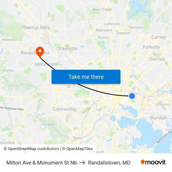 Milton Ave & Monument St Nb to Randallstown, MD map
