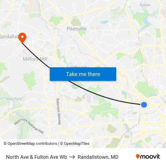 North Ave & Fulton Ave Wb to Randallstown, MD map