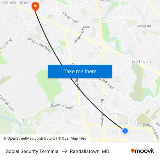 Social Security Terminial to Randallstown, MD map