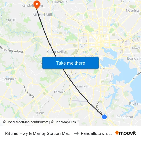 Ritchie Hwy & Marley Station Mall Sb to Randallstown, MD map