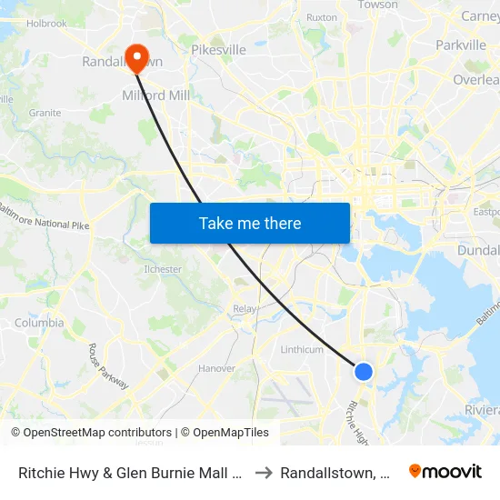 Ritchie Hwy & Glen Burnie Mall Nb to Randallstown, MD map