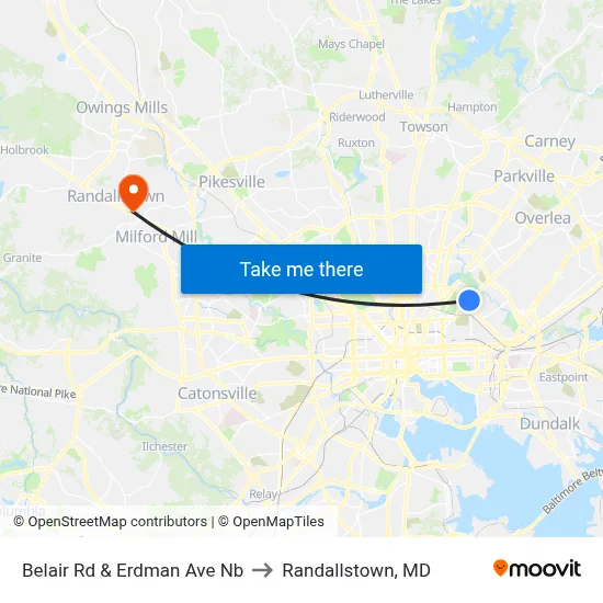Belair Rd & Erdman Ave Nb to Randallstown, MD map