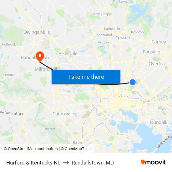 Harford & Kentucky Nb to Randallstown, MD map