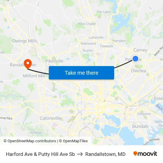 Harford Ave & Putty Hill Ave Sb to Randallstown, MD map