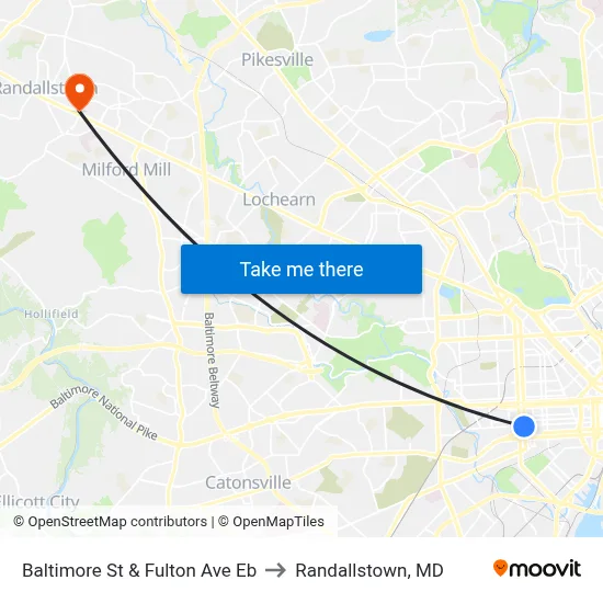 Baltimore St & Fulton Ave Eb to Randallstown, MD map
