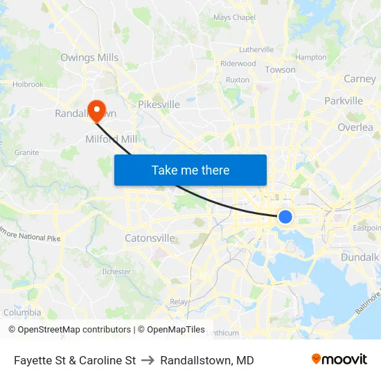 Fayette St & Caroline St to Randallstown, MD map