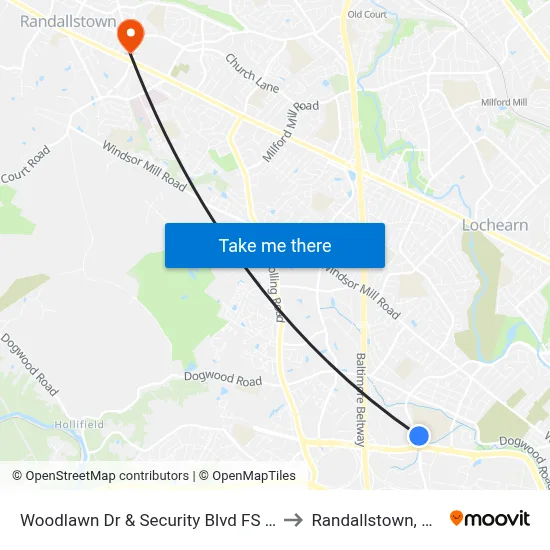 Woodlawn Dr & Security Blvd FS Nb to Randallstown, MD map