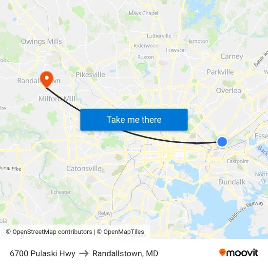 6700 Pulaski Hwy to Randallstown, MD map