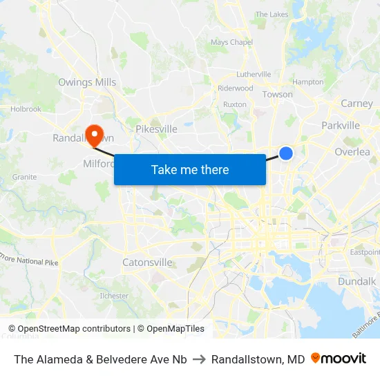 The Alameda & Belvedere Ave Nb to Randallstown, MD map
