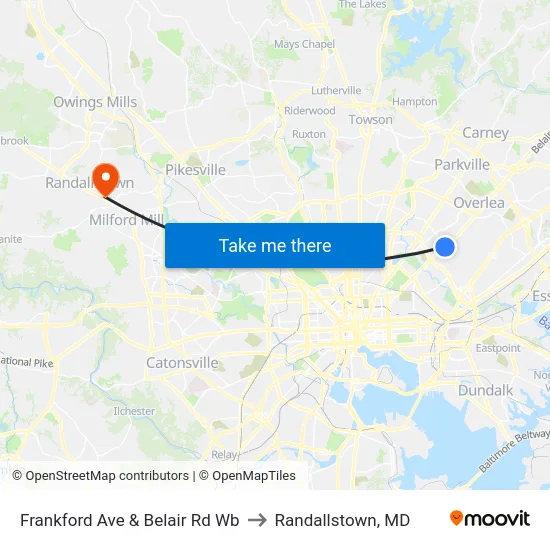Frankford Ave & Belair Rd Wb to Randallstown, MD map