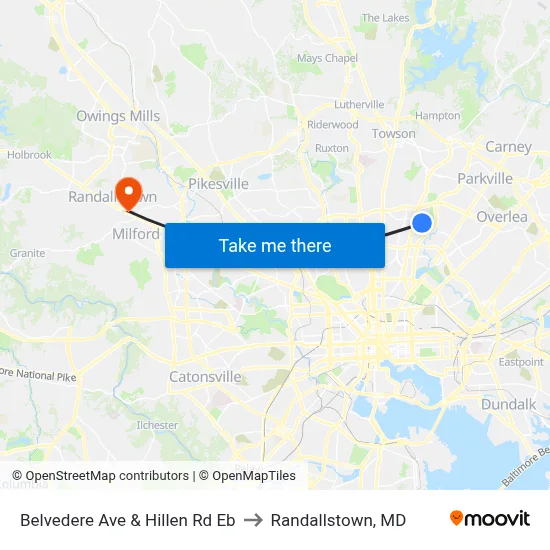 Belvedere Ave & Hillen Rd Eb to Randallstown, MD map
