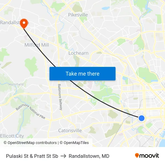 Pulaski St & Pratt St Sb to Randallstown, MD map