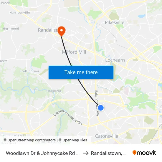 Woodlawn Dr & Johnnycake Rd Sb to Randallstown, MD map